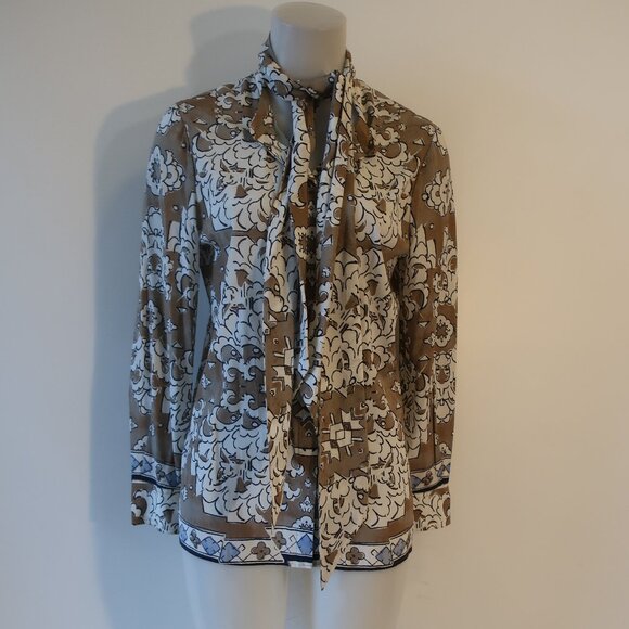 Womens Tory Burch Taupe White Black Neck Tie Floral Silk Blend Blouse Tunic 8 - Picture 1 of 9